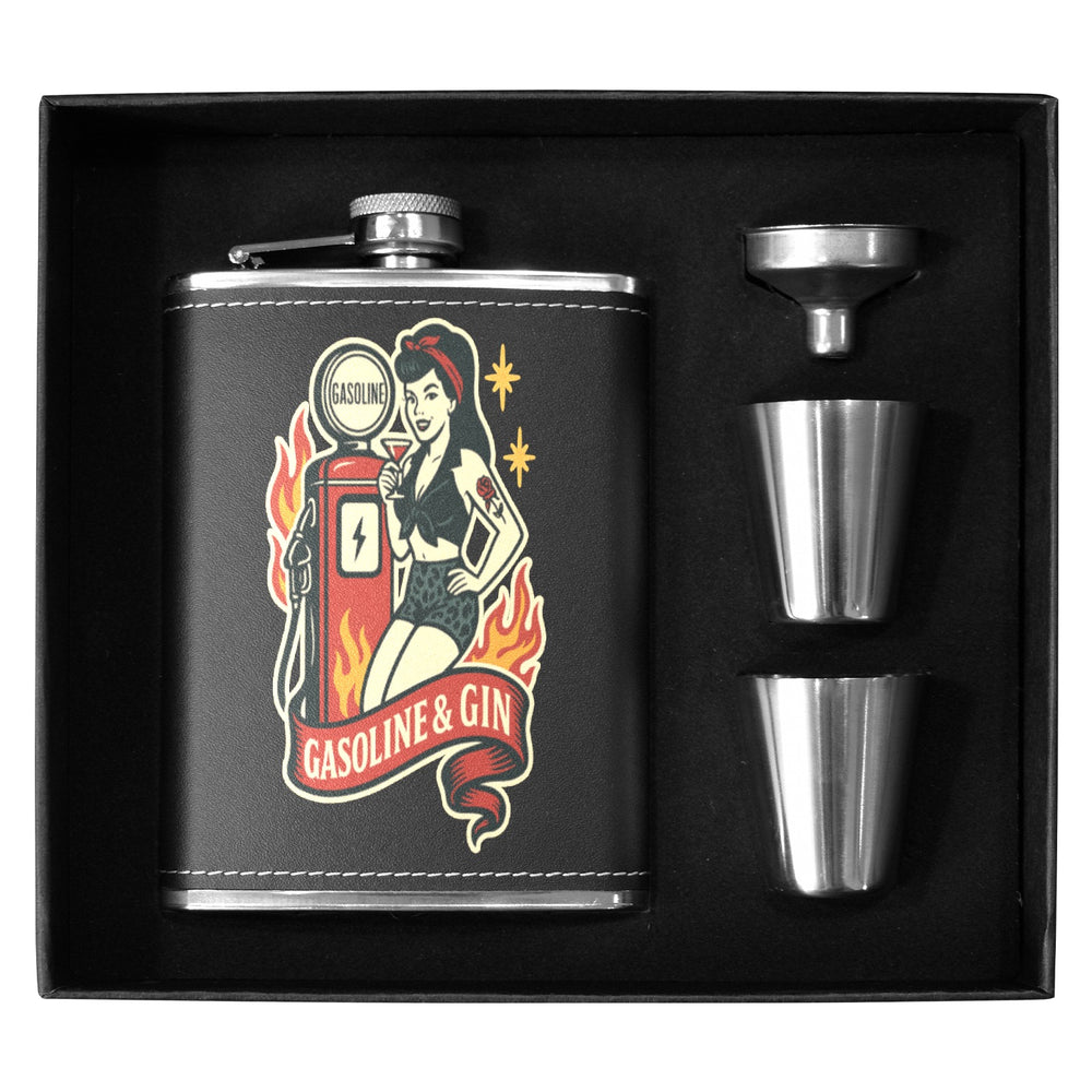 Gasoline & Gin 8 oz black hip flask set with two shot cups, presented in a stylish black box.