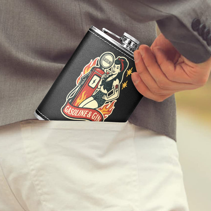 Gasoline & Gin 8 oz black hip flask tucked into the back pocket of a suit, showcasing a retro design.