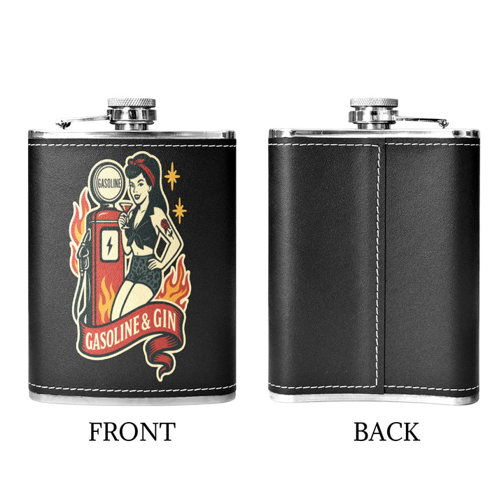 Poison Arrow 8 oz Black Hip Flask featuring Gasoline & Gin design, front and back views.
