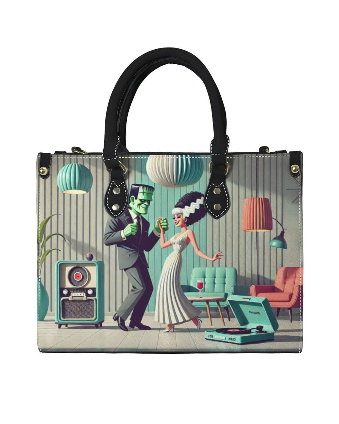Ghouls A-Go-Go retro handbag featuring Frankenstein and his bride dancing in a stylish mid-century modern setting.