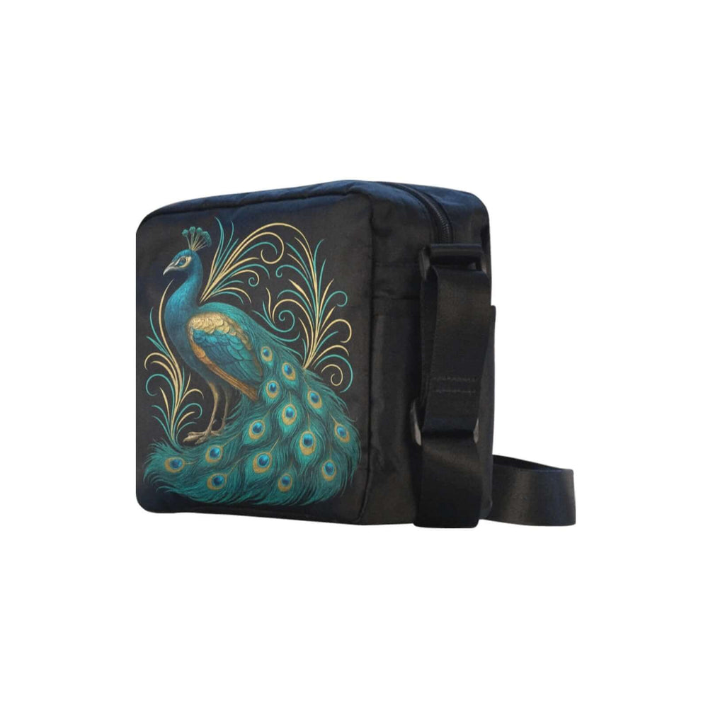 The Gilded Peacock Cross-body Bag featuring vibrant peacock artwork in teal, blue, green, and gold on a stylish black background.
