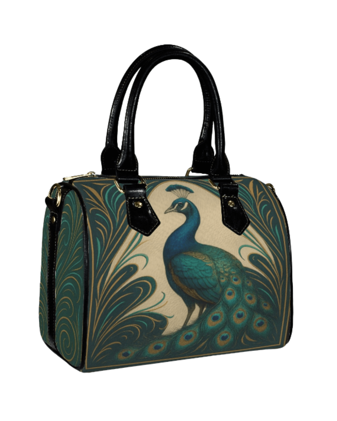The Gilded Peacock Handbag – luxury vegan leather handbag with peacock artwork in teal, emerald, sapphire, and metallic gold