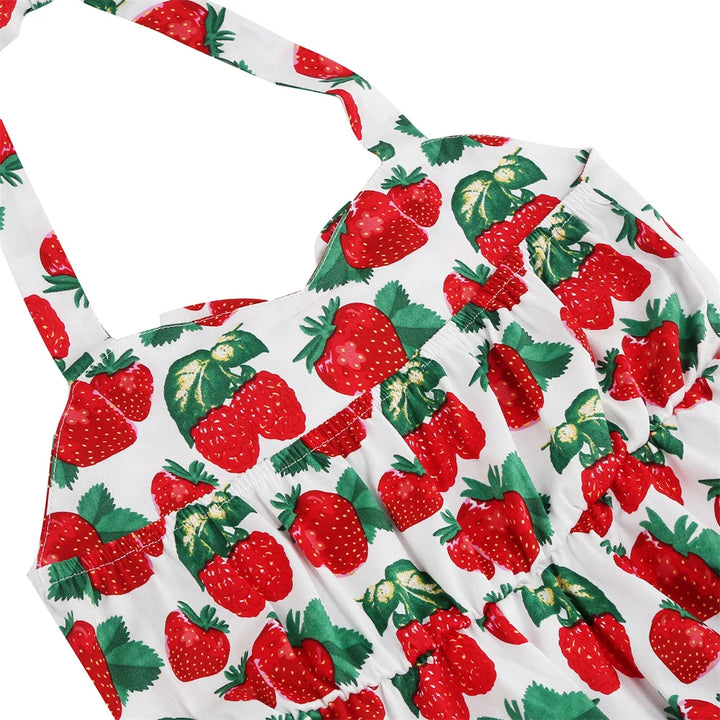Girls Strawberry Halter Rockabilly Dress featuring vibrant strawberry print and vintage halter design for playful style.