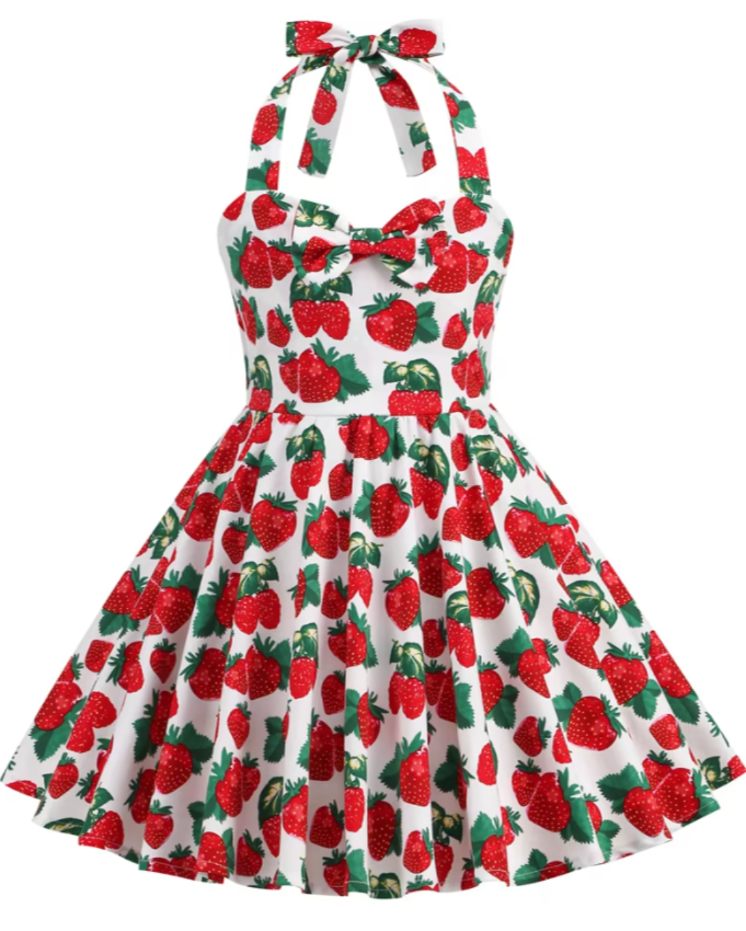 Girls Strawberry Halter Rockabilly Dress with playful strawberry print and vintage A-line silhouette.