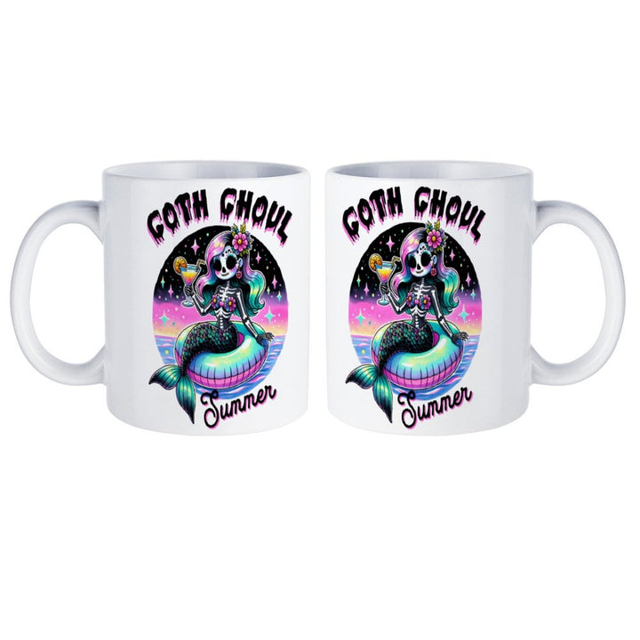 Goth Ghoul Summer White Mug featuring a playful mermaid design, perfect for coffee or tea. Made from durable ceramic.