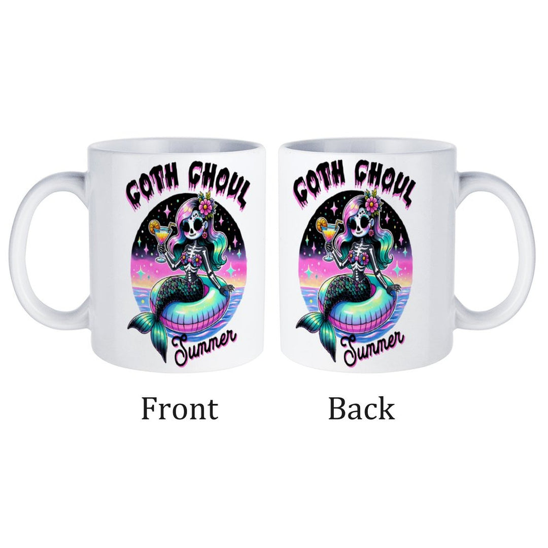 Goth Ghoul Summer White Mug featuring a colorful mermaid design, perfect for coffee, tea, or gifting.