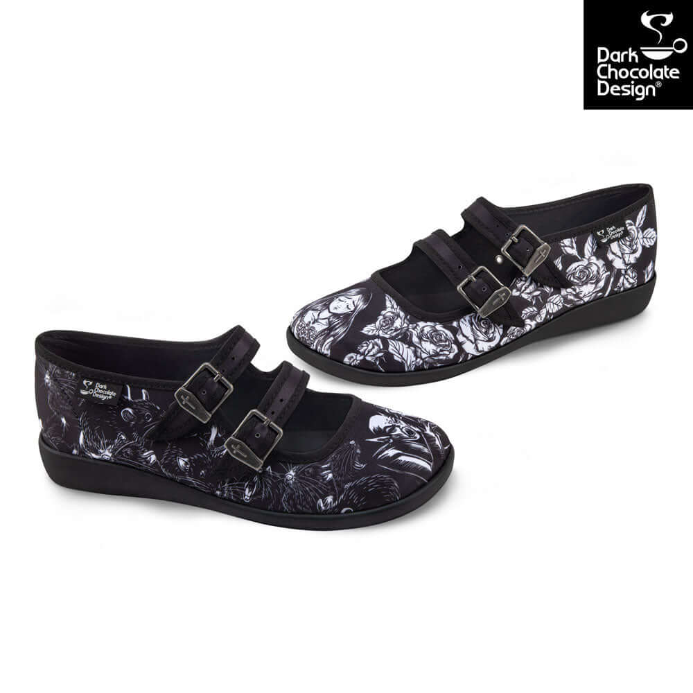 Hot Chocolate Design Death Stalks nosferatu styled black and white Mary Janes with double straps and floral artwork.