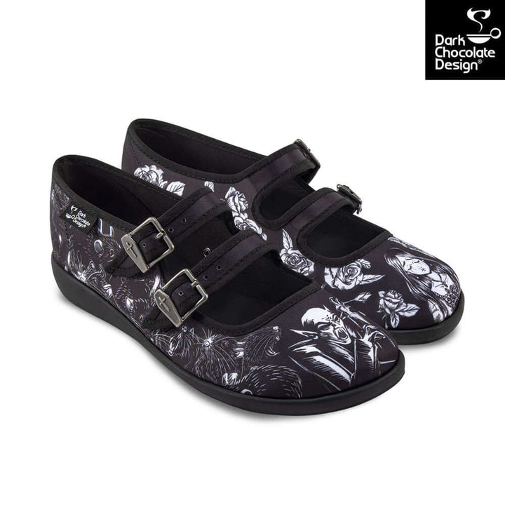 Hot Chocolate Design Death Stalks gothic Mary Janes featuring horror artwork and double strap design.