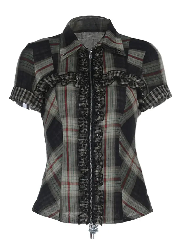 Gothic Plaid Ruffle Blouse featuring short sleeves, plaid patchwork, ruffle trim, and a zip-up front.