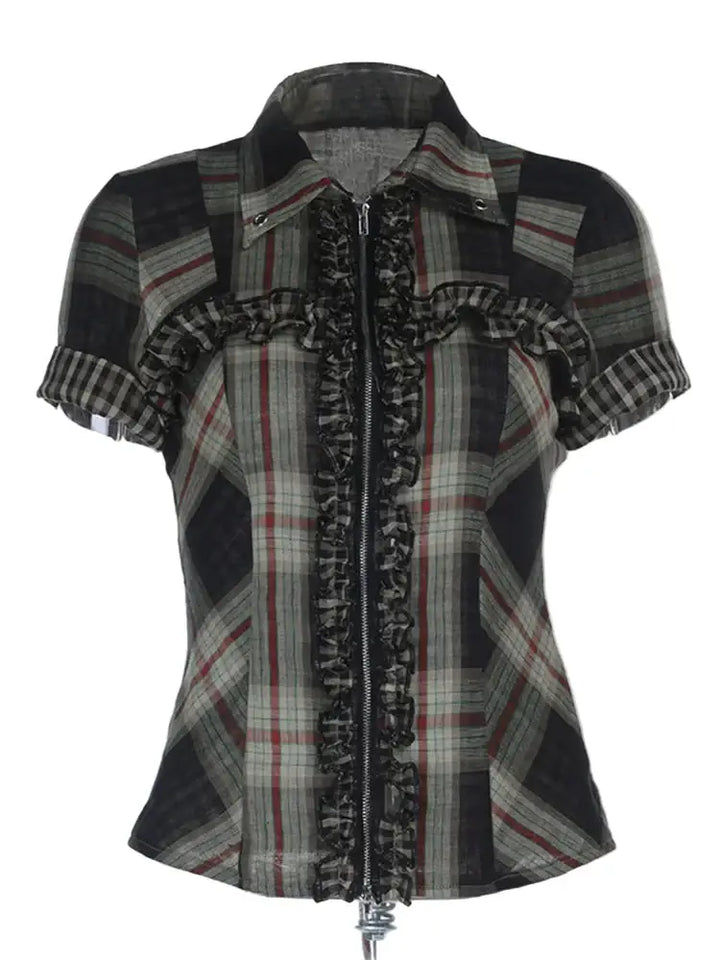 Gothic Plaid Ruffle Blouse featuring short sleeves, plaid patchwork, ruffle trim, and a zip-up front.