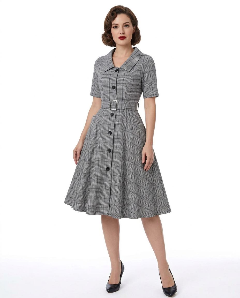 Vintage grey plaid A-line shirt dress with silver belt buckle and button front