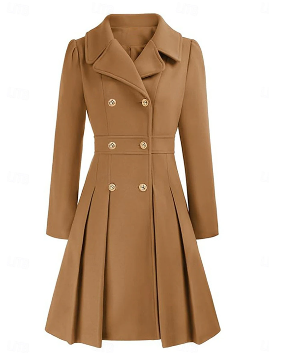 Grace Karin women's double breasted trench coat in camel, showcasing structured design and elegant silhouette.