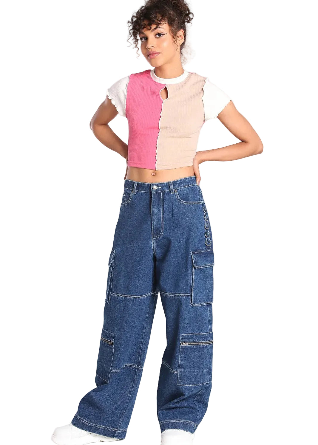 Hell Bunny Cameron blue wide leg cargo jeans with side pockets and silver eyelet detailing worn by model