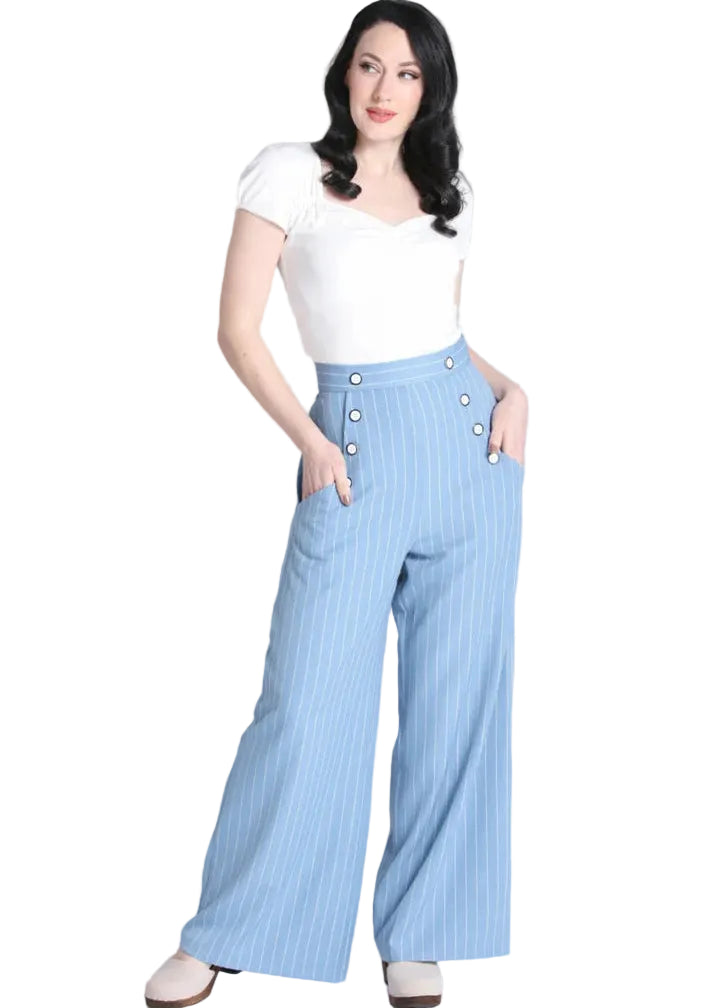 Hell Bunny Caspian trousers blue pinstripe wide leg high waist vintage pants
