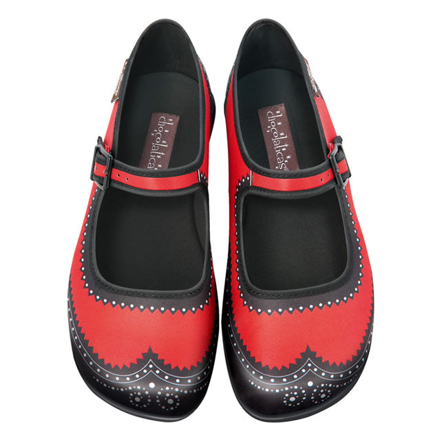 Hot Chocolate Design Brogue in Carmine, vibrant red and black mary jane shoes by Chocolaticas.