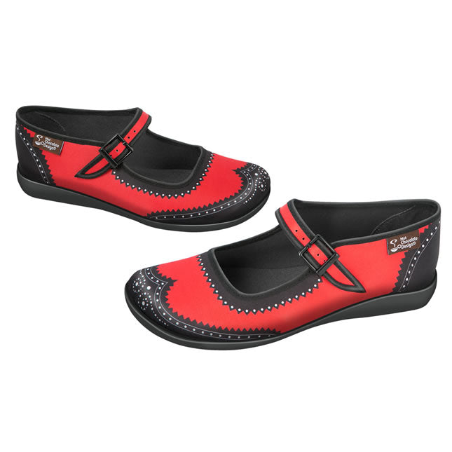 Hot Chocolate Design Brogue in Carmine - vibrant red and black mary jane shoes for everyday wear.