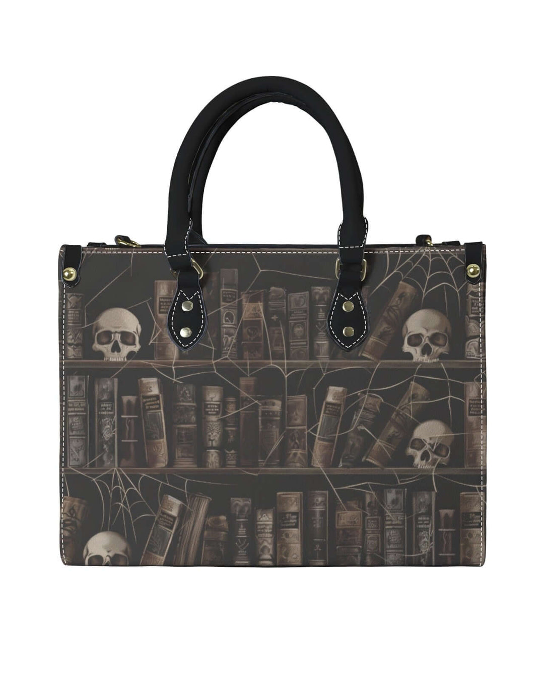 Vintage-style handbag featuring a spooky library design with skulls and spider webs, perfect for dark academia fashion.