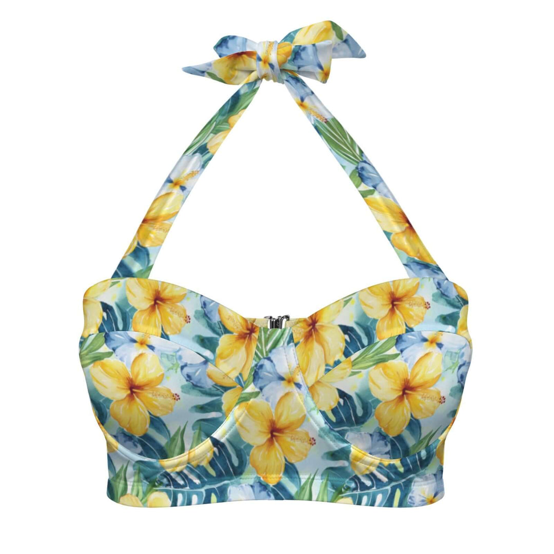 Hawaii High Waist Bikini top featuring vibrant yellow hibiscus flowers and a stylish tie-back design.