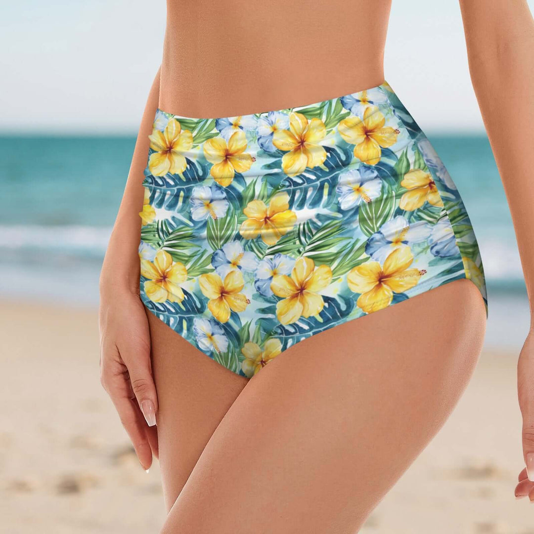 Hawaii high waist bikini separates featuring a tropical hibiscus print, perfect for beach or pool days.