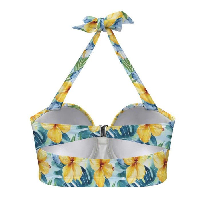 Hawaii High Waist Bikini Top with tropical hibiscus print and bow design, perfect for beach and pool wear.