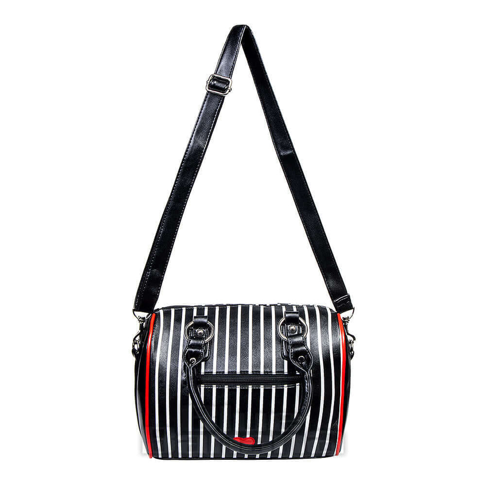 Stylish Heart In Another World Handbag with striped design and removable shoulder strap.