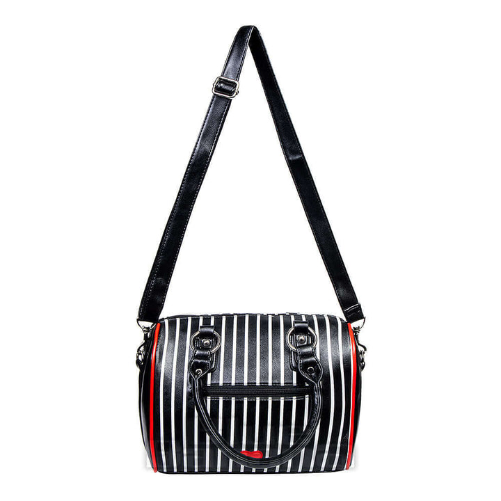 Stylish Heart In Another World Handbag with striped design and removable shoulder strap.