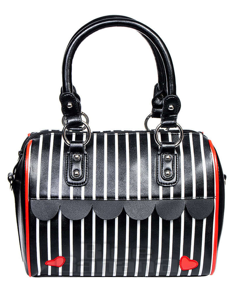 Heart In Another World Handbag with striped pattern, heart accents, and decorative wave hem.