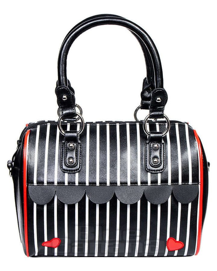 Heart In Another World Handbag with striped pattern, heart accents, and decorative wave hem.