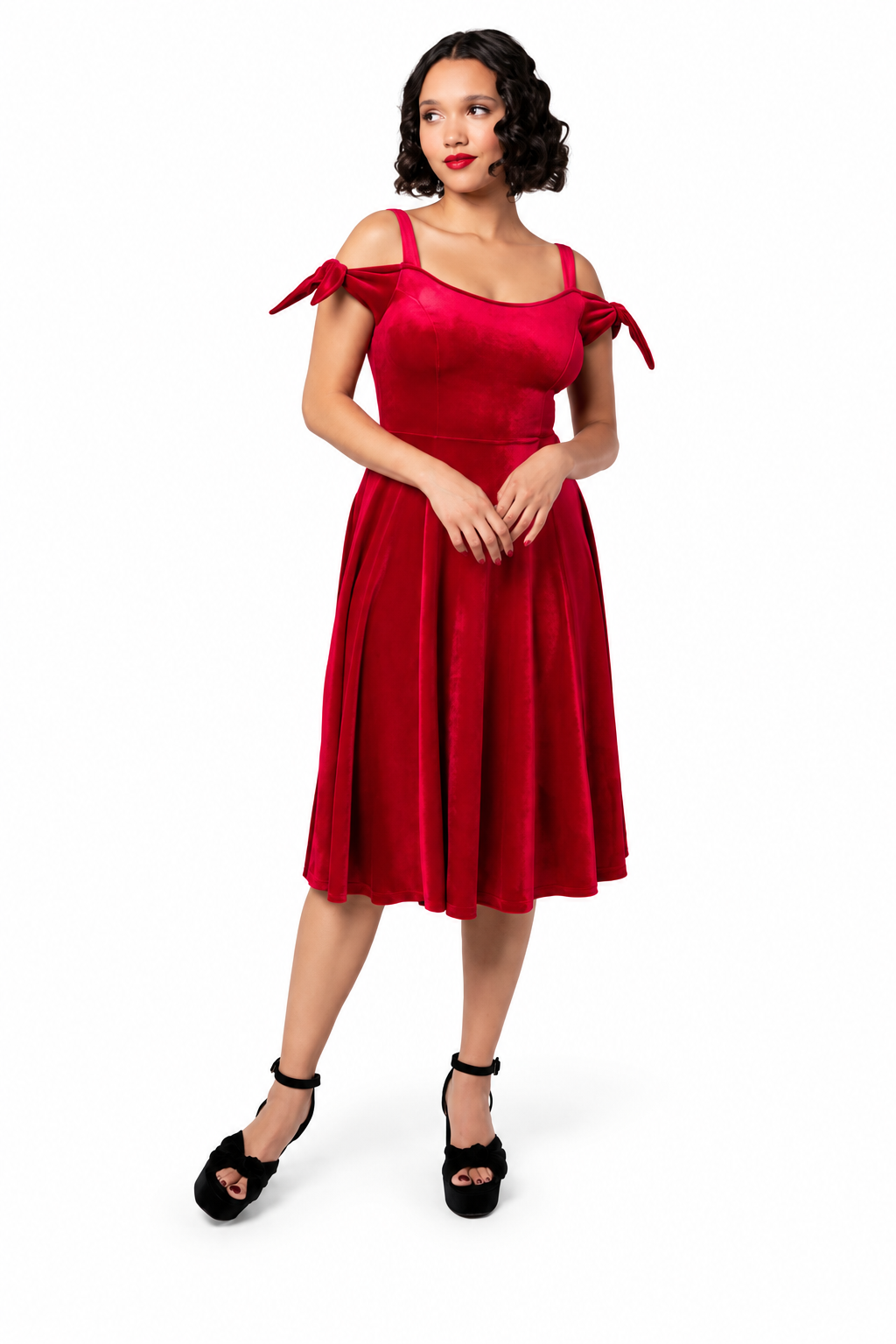 Hell Bunny Carrie red velvet midi dress on model against white background