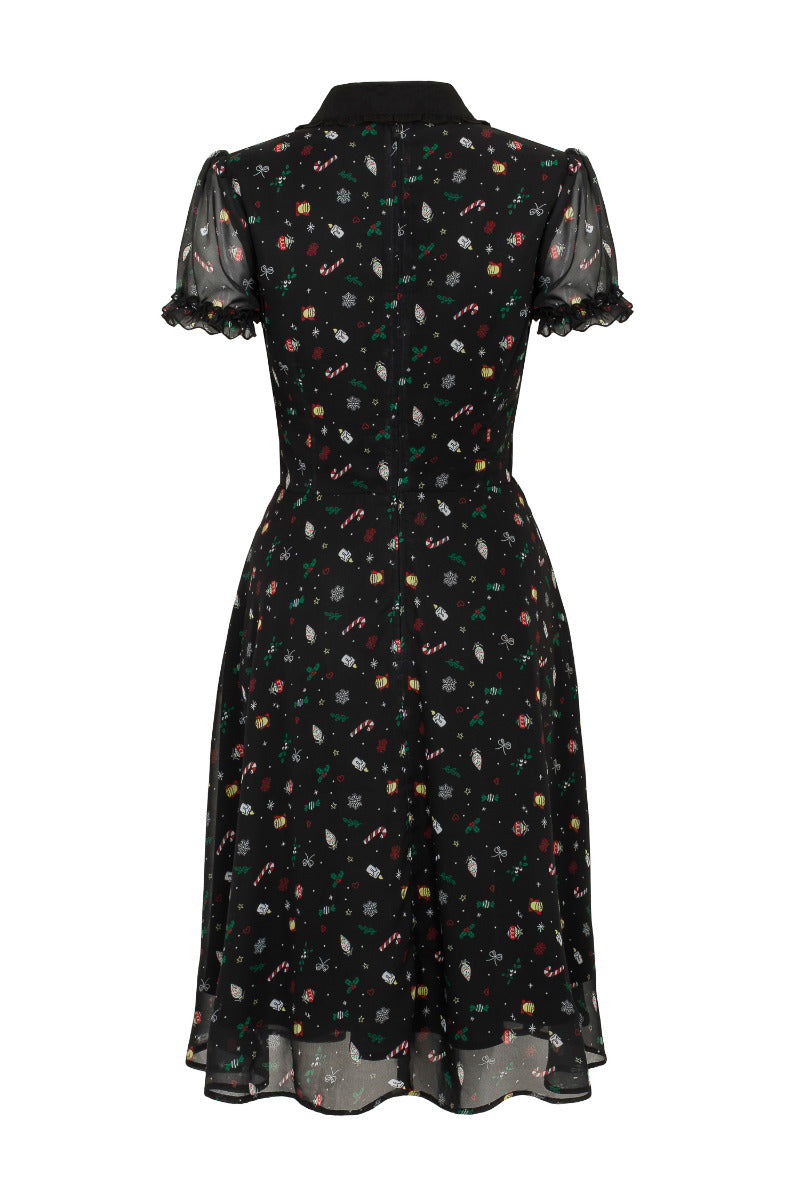 Back view of the Hell Bunny Natalie black festive midi dress on a white background, showing the chiffon skirt and zip