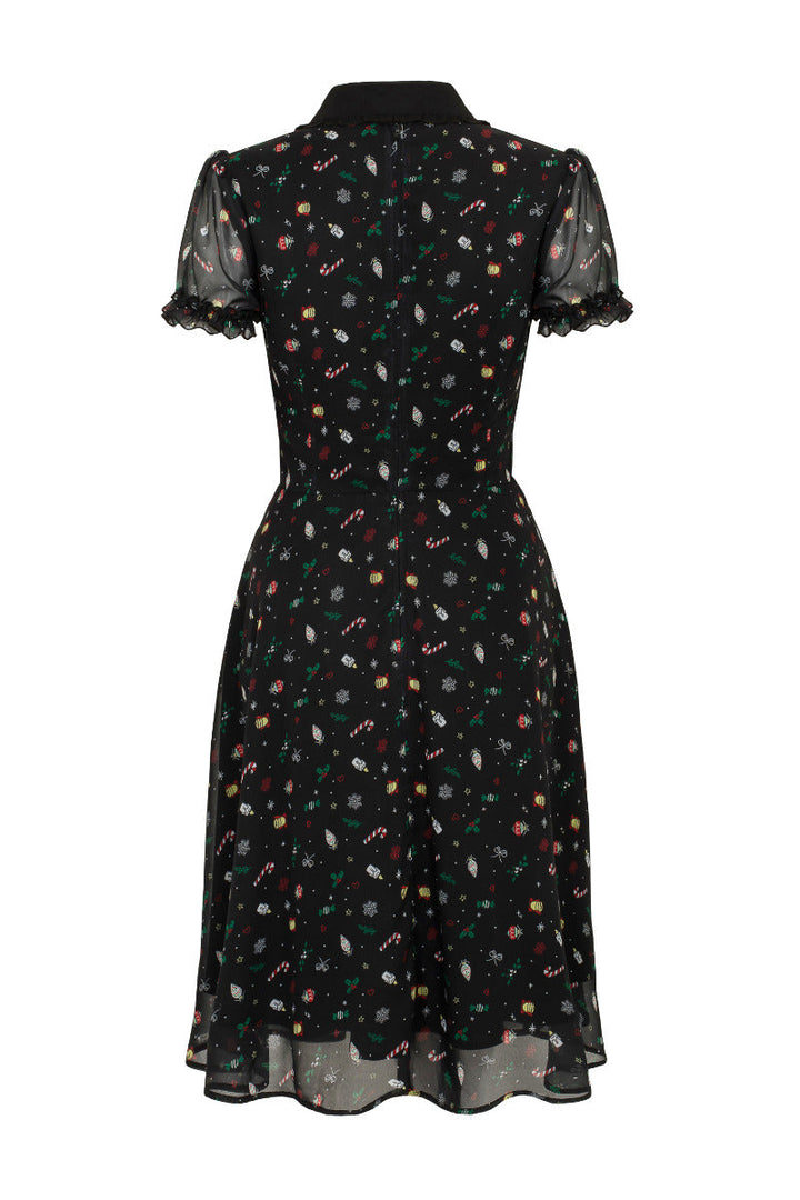 Back view of the Hell Bunny Natalie black festive midi dress on a white background, showing the chiffon skirt and zip