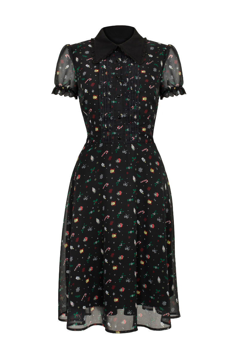 Front view of the Hell Bunny Natalie black Christmas midi dress on a white background, showing the collar and puff sleeves