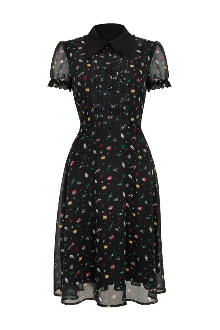 Front view of the Hell Bunny Natalie black Christmas midi dress on a white background, showing the collar and puff sleeves