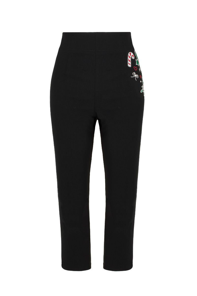 Close up of festive embroidery on the Hell Bunny Natalie black Christmas capris