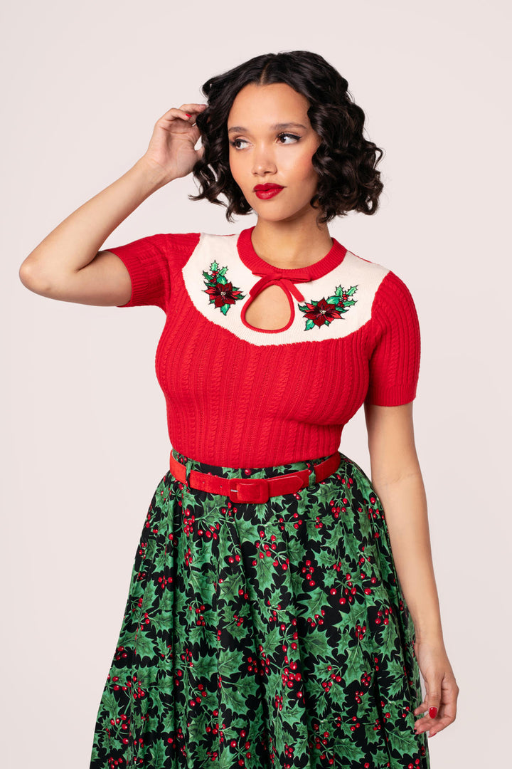 Hell Bunny Poinsettia red Christmas knit top with ivory embroidered floral chest panel