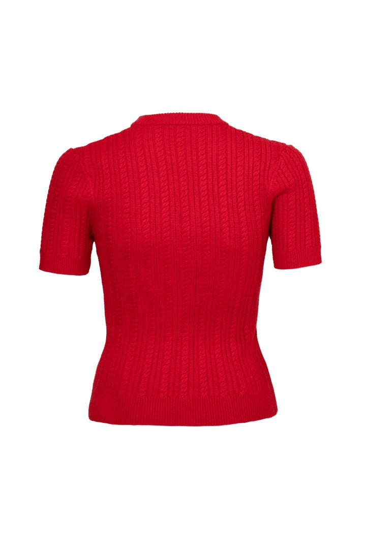 Close up of the red cable knit texture and ribbed trim on the Hell Bunny Poinsettia Top