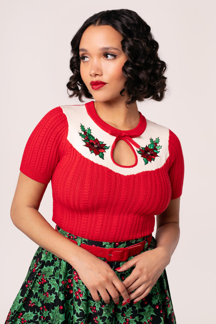 Hell Bunny Poinsettia red retro knit top with short sleeves and ivory poinsettia panel