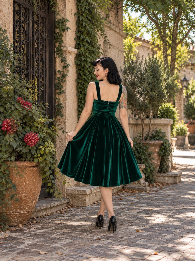 Hemet green velvet 1950s swing dress showing the back bodice and full circle skirt