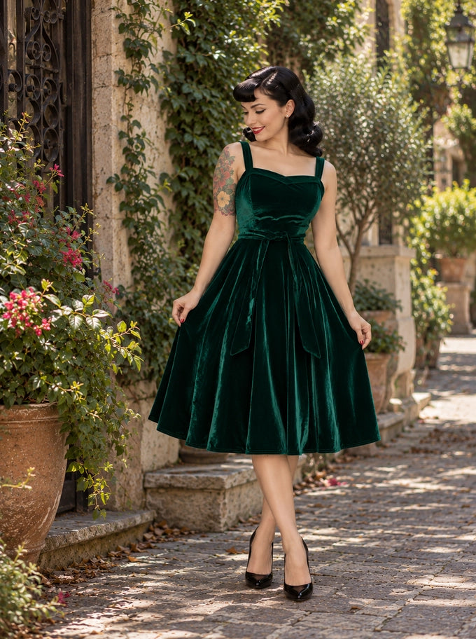 Hemet green velvet 1950s swing dress with sweetheart neckline and full circle skirt, front view