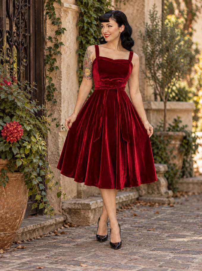 Hemet red velvet vintage swing dress with matching waist tie, front full-length view