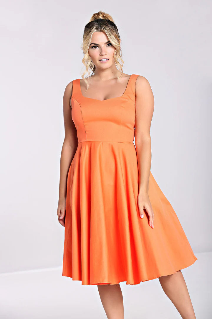 Hell Bunny Heidi Orange Cotton Satin 50s Midi Dress