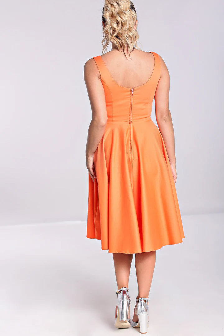 Hell Bunny Heidi Orange Cotton Satin 50s Midi Dress