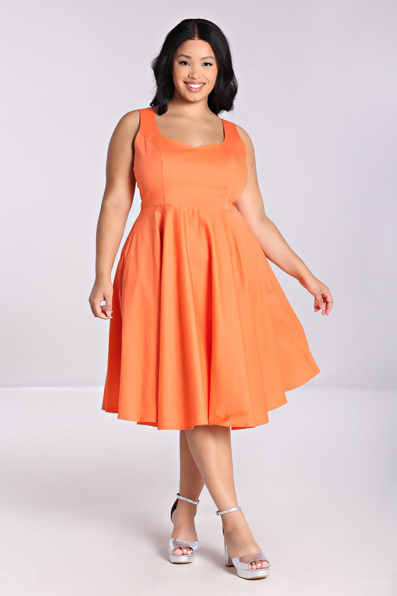 Hell Bunny Heidi Orange Cotton Satin 50s Midi Dress