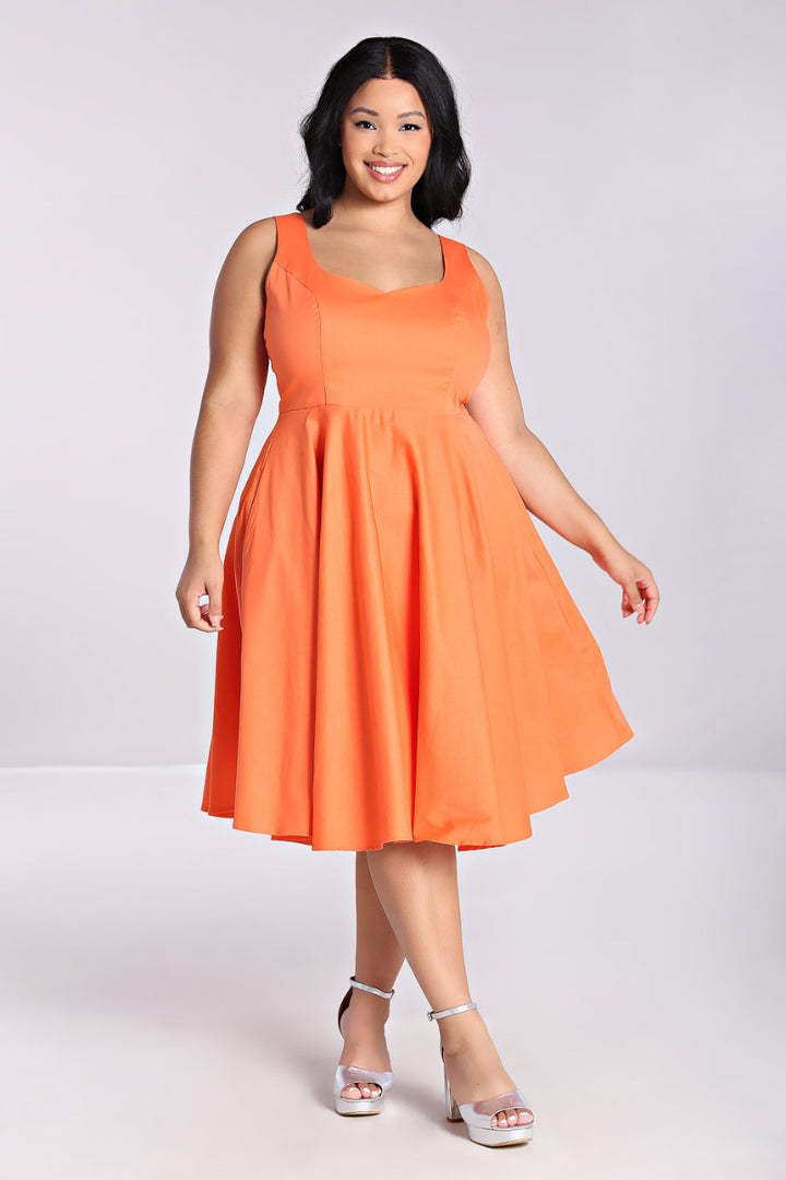 Hell Bunny Heidi Orange Cotton Satin 50s Midi Dress