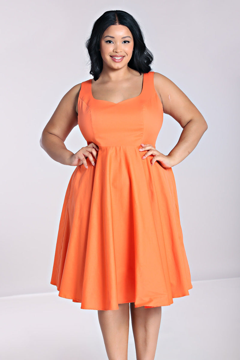 Hell Bunny Heidi Orange Cotton Satin 50s Midi Dress