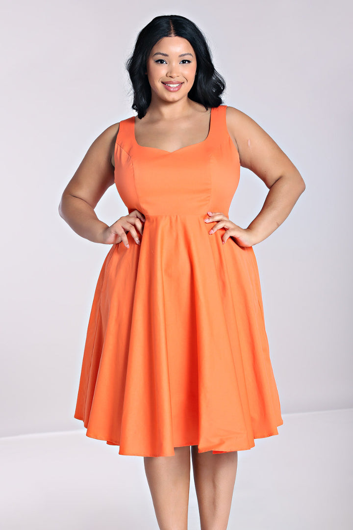Hell Bunny Heidi Orange Cotton Satin 50s Midi Dress