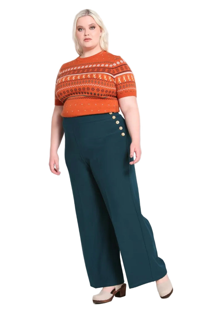 Hell Bunny ginger swing trousers petrol blue wide leg high waisted vintage trousers women