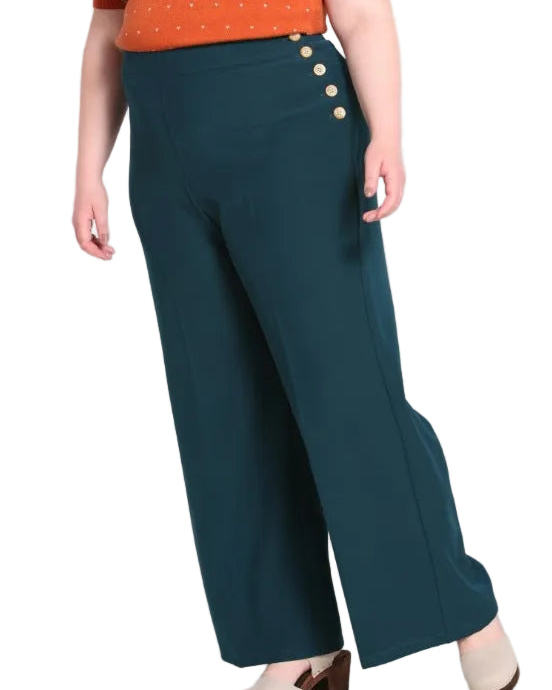 Teal wide-leg pants with gold buttons on a white background