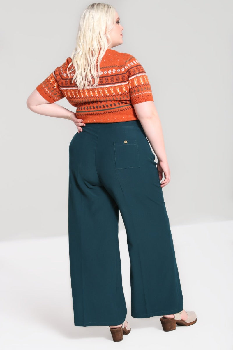 Hell Bunny Ginger Swing Trousers – Petrol Blue Vintage Wide Leg Trousers