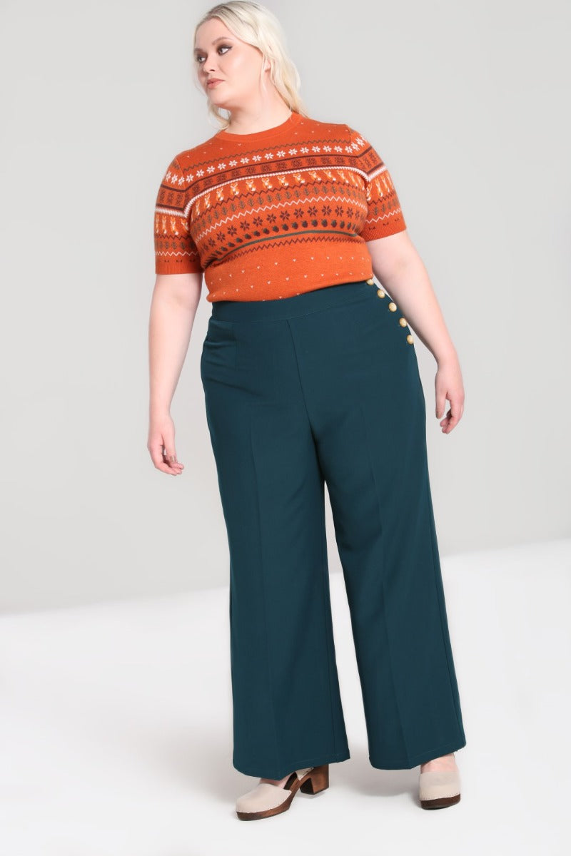 Hell Bunny Ginger Swing Trousers – Petrol Blue Vintage Wide Leg Trousers